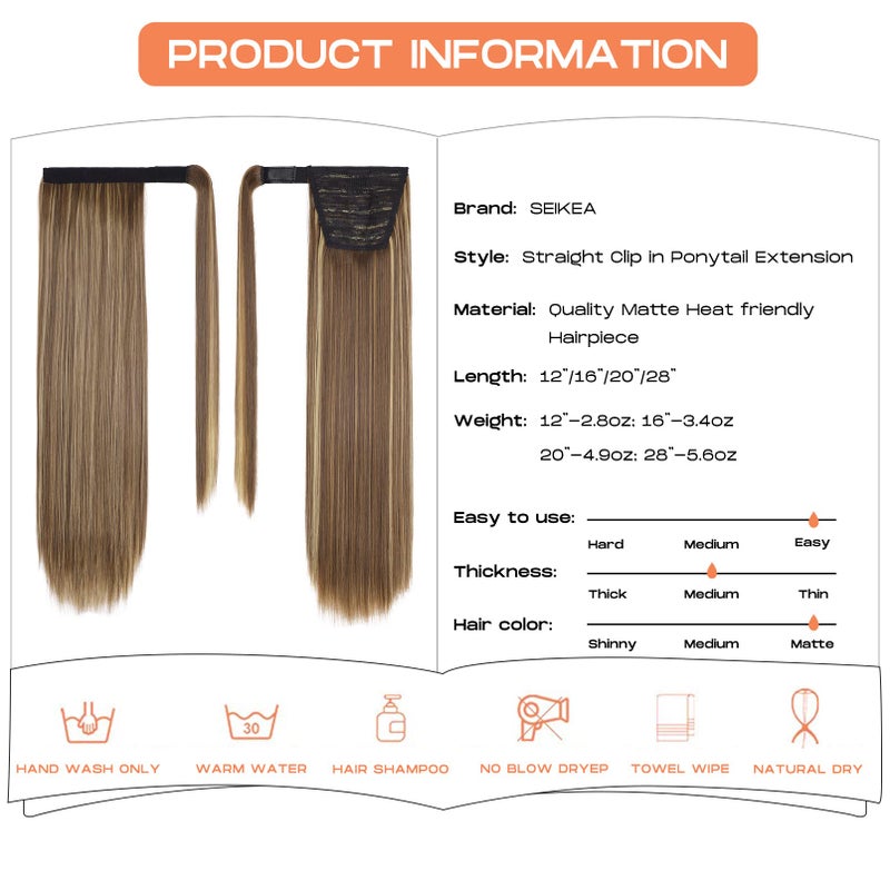 SEIKEA Clip in Ponytail Extension Wrap Around Long Straight Ponytail Natural Soft Synthetic Hairpiece for Women 28 Inch- Brown Ash Blonde Mix - Image 3